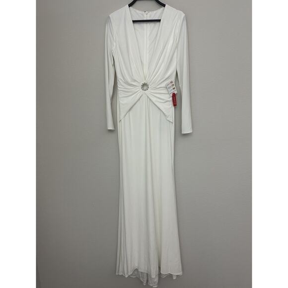 IEENA For Mac Duggal Ecru Long Sleeve V-Neck Embellished Evening Gown Size 4 - Picture 1 of 9
